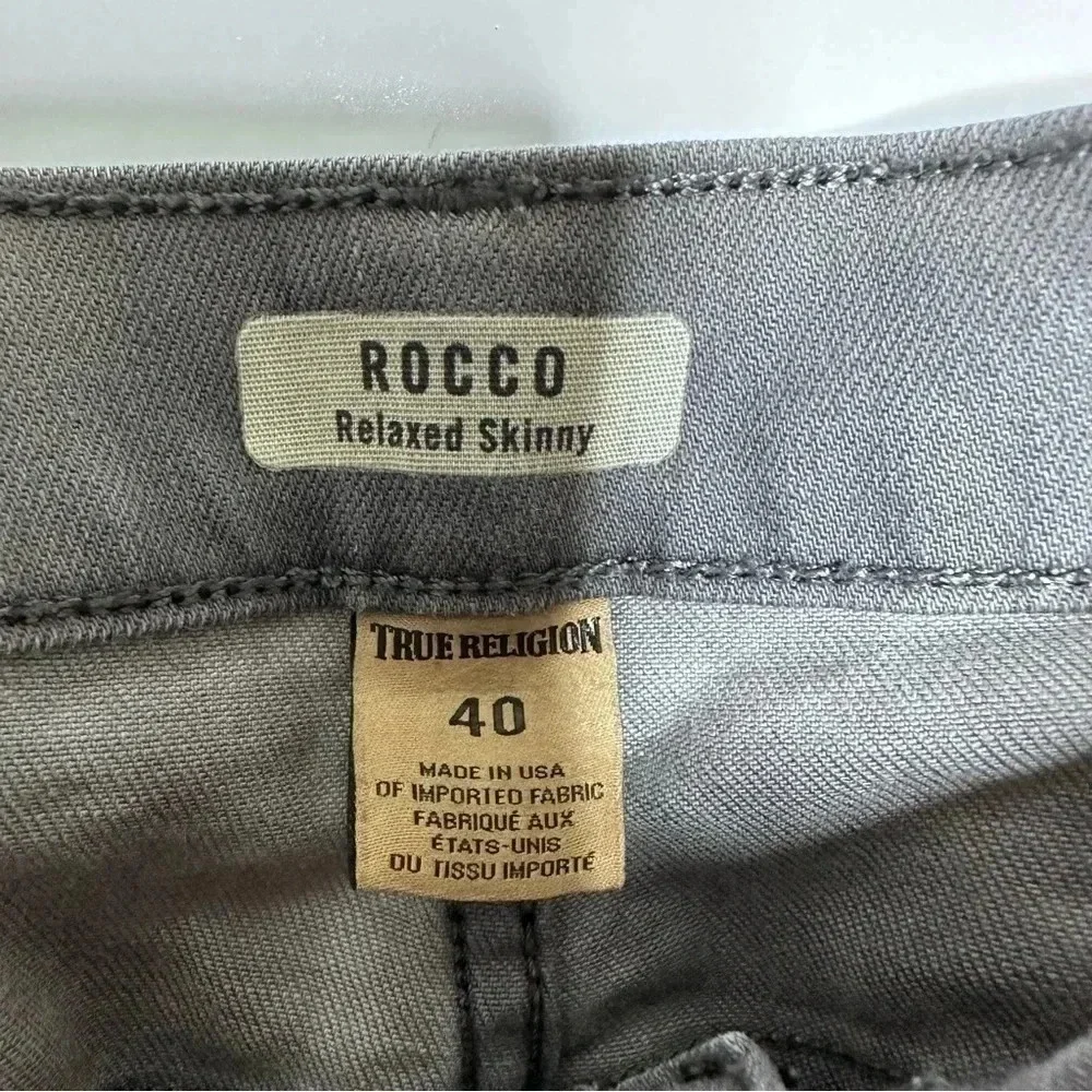 True Religion Mens Gray Rocco Relaxed Skinny Light Distressed Side Stripe Jeans
